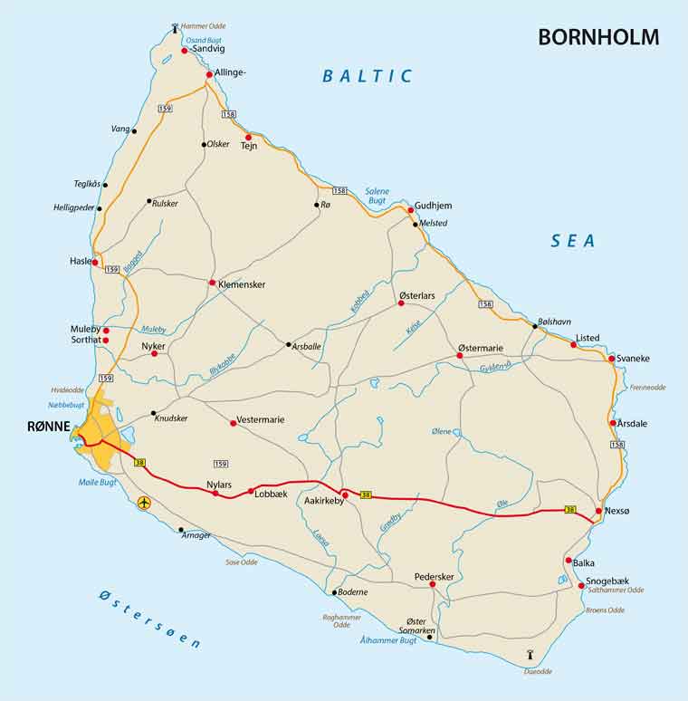 Kort over veje på Bornholm